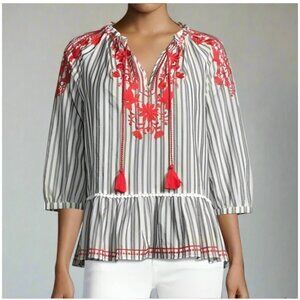 Kate Spade White Peasant Blouse Medium Cotton V-Neck Striped Embroidered Top